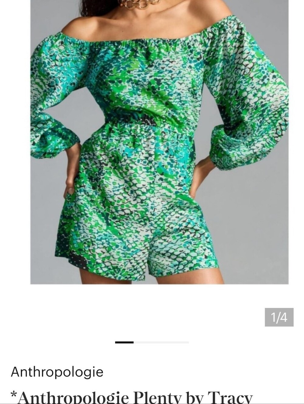 PLENTY Size L Green Multi-Print Women's Romper Off-Shoulder Elastic Waist